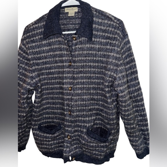 Vintage Eddie Bauer 100% Wool Navy and Charcoal Button Down Turtleneck Sweater - Picture 3 of 6